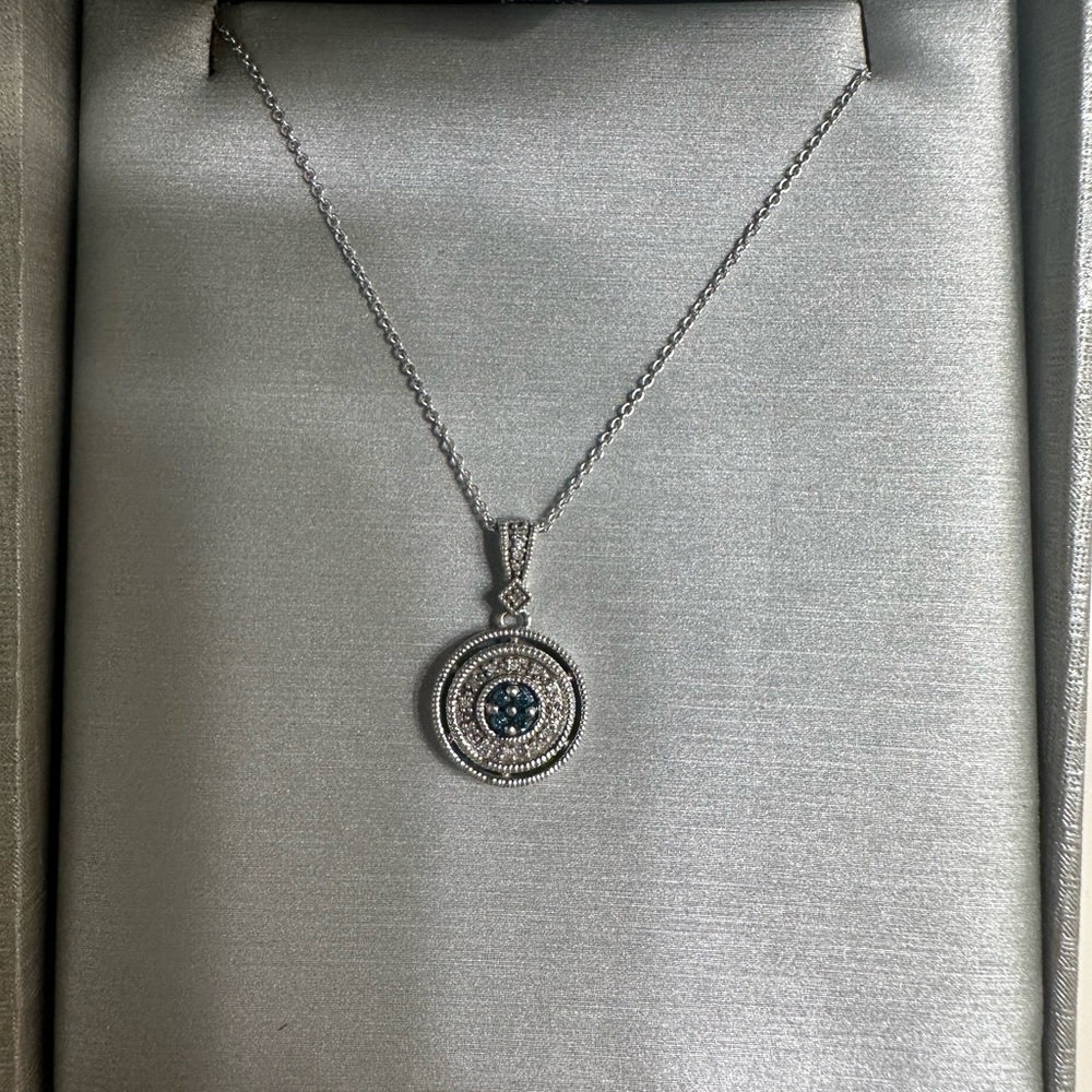 Zales Jeweler Sterling Silver Detailed Blue and White Diamond Pendant Necklace